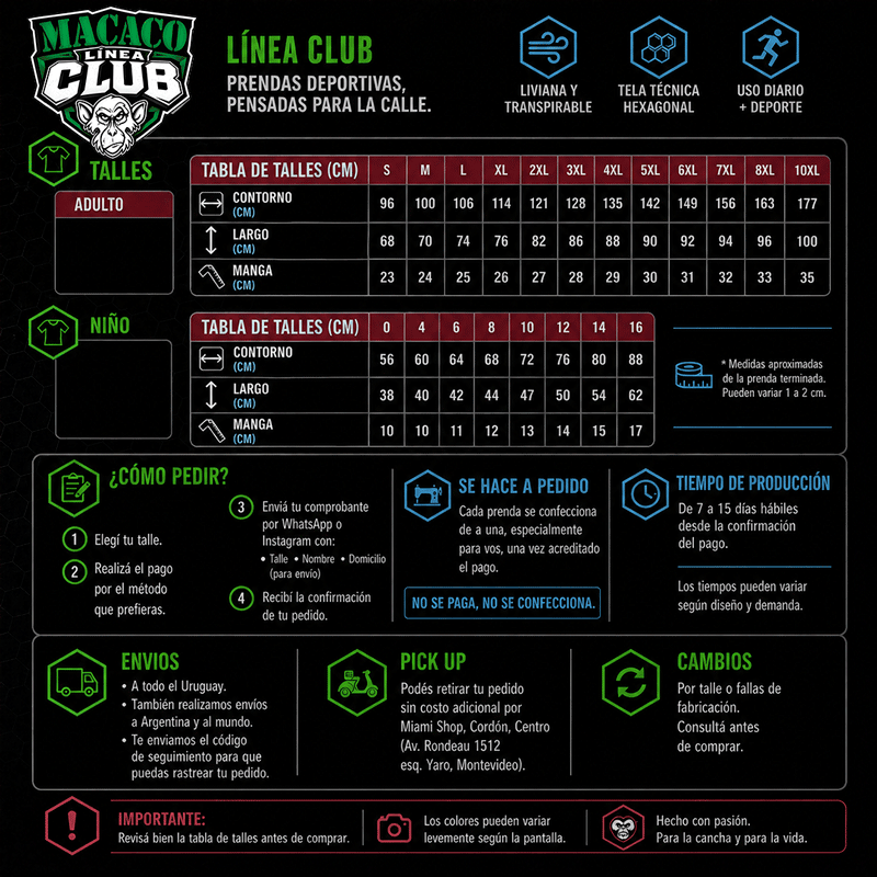 Tabla de talles e información de pedidos Macaco Línea Club